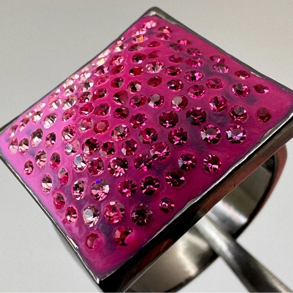 Pink Crystal Ombre Statement Ring Dark Gunmetal Tone Bold Square Ring